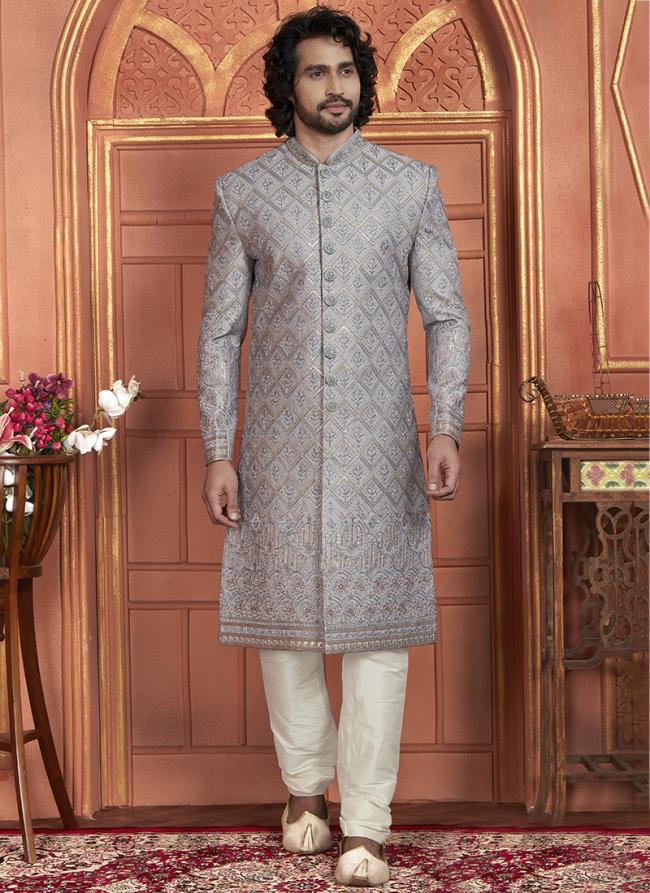 Art Silk Grey Wedding Wear Embroidery Work Readymade Groom Sherwani